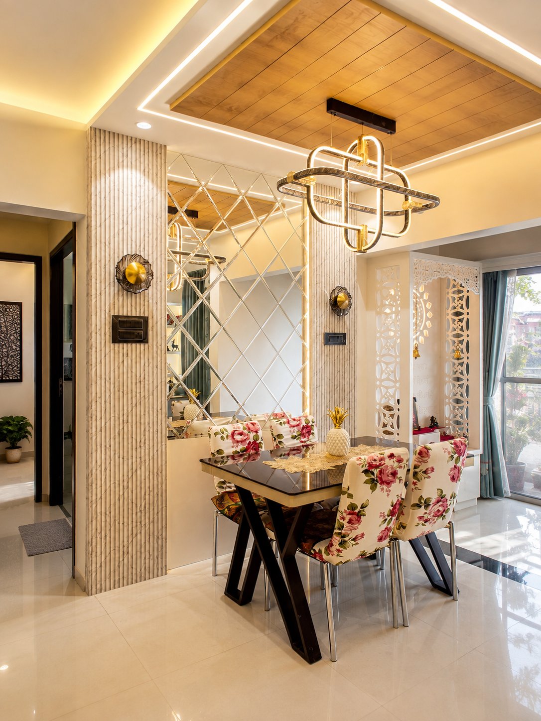 Dining area under a slatted ceiling with a pendant and a jaali screen — 2 BHK, Balewadi, by Twin Space Studio