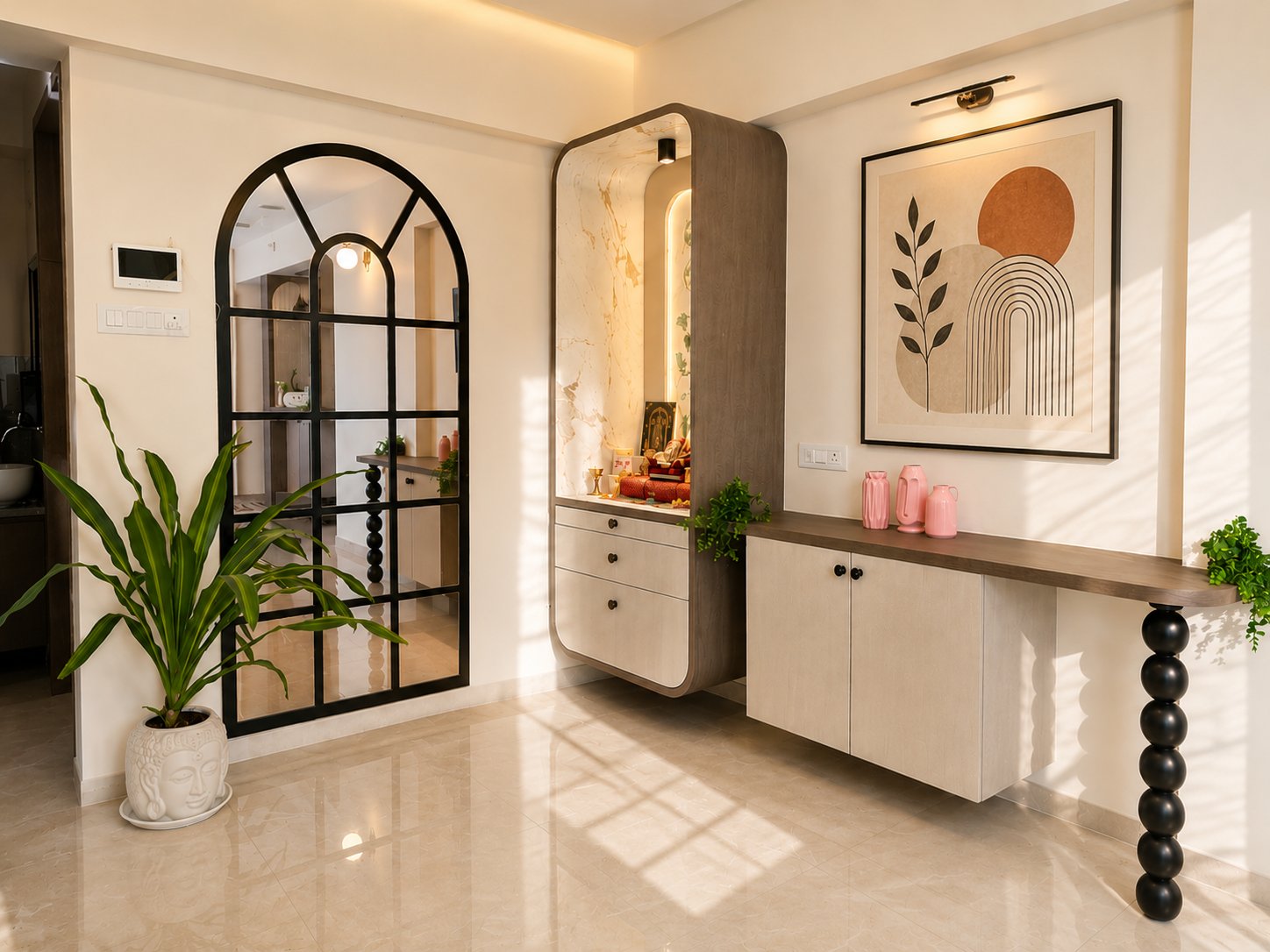 Foyer with a black arched mirror above a wall-hung console — 3 BHK, Kharadi, by Twin Space Studio
