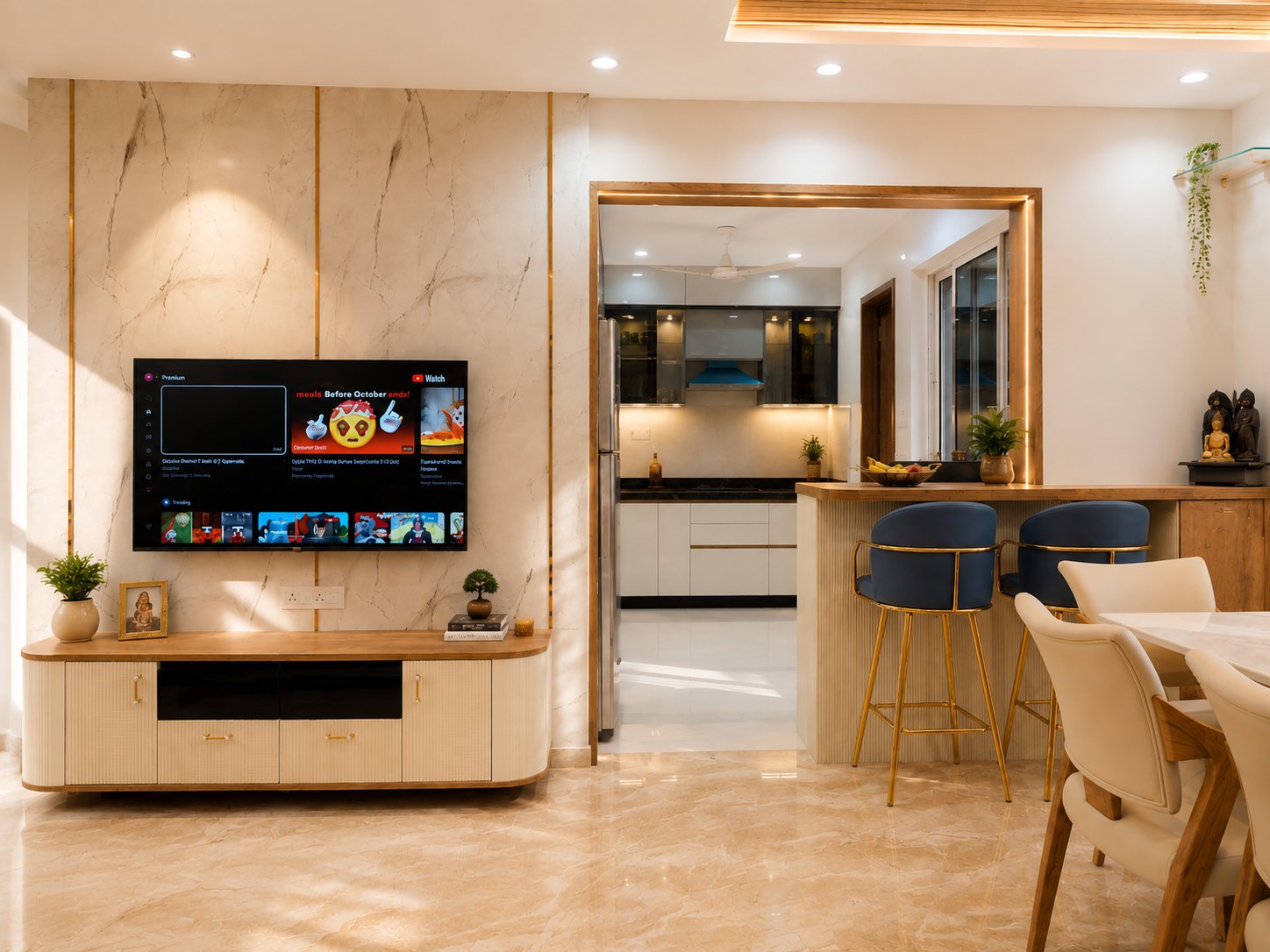 Television wall and breakfast counter