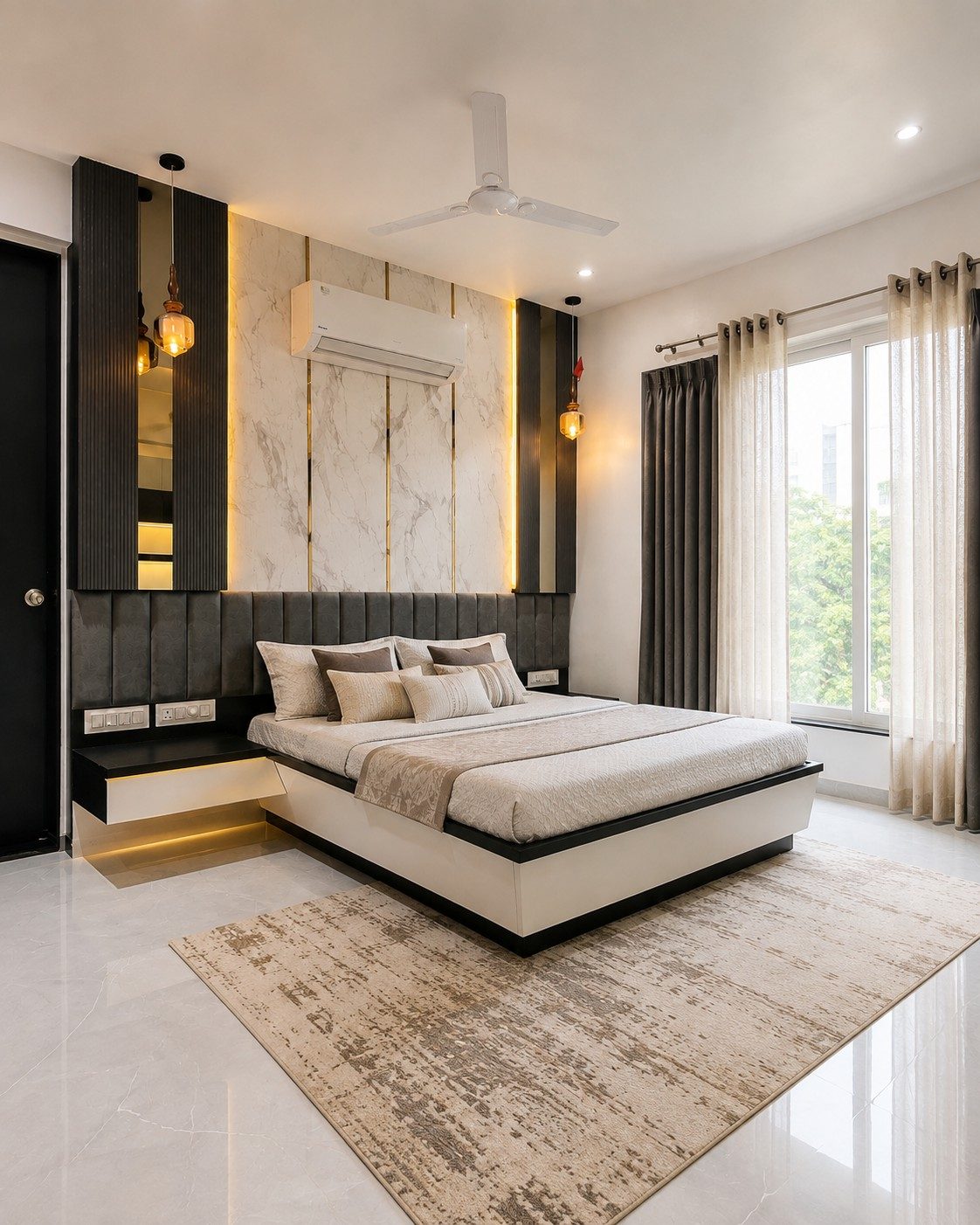 Bedroom with marble backdrop